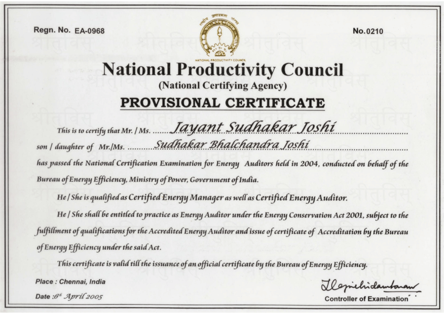 Certified Energy Auditor provisional certificate issued by the National Productivity Council under the Bureau of Energy Efficiency, Government of India, registration EA-0968