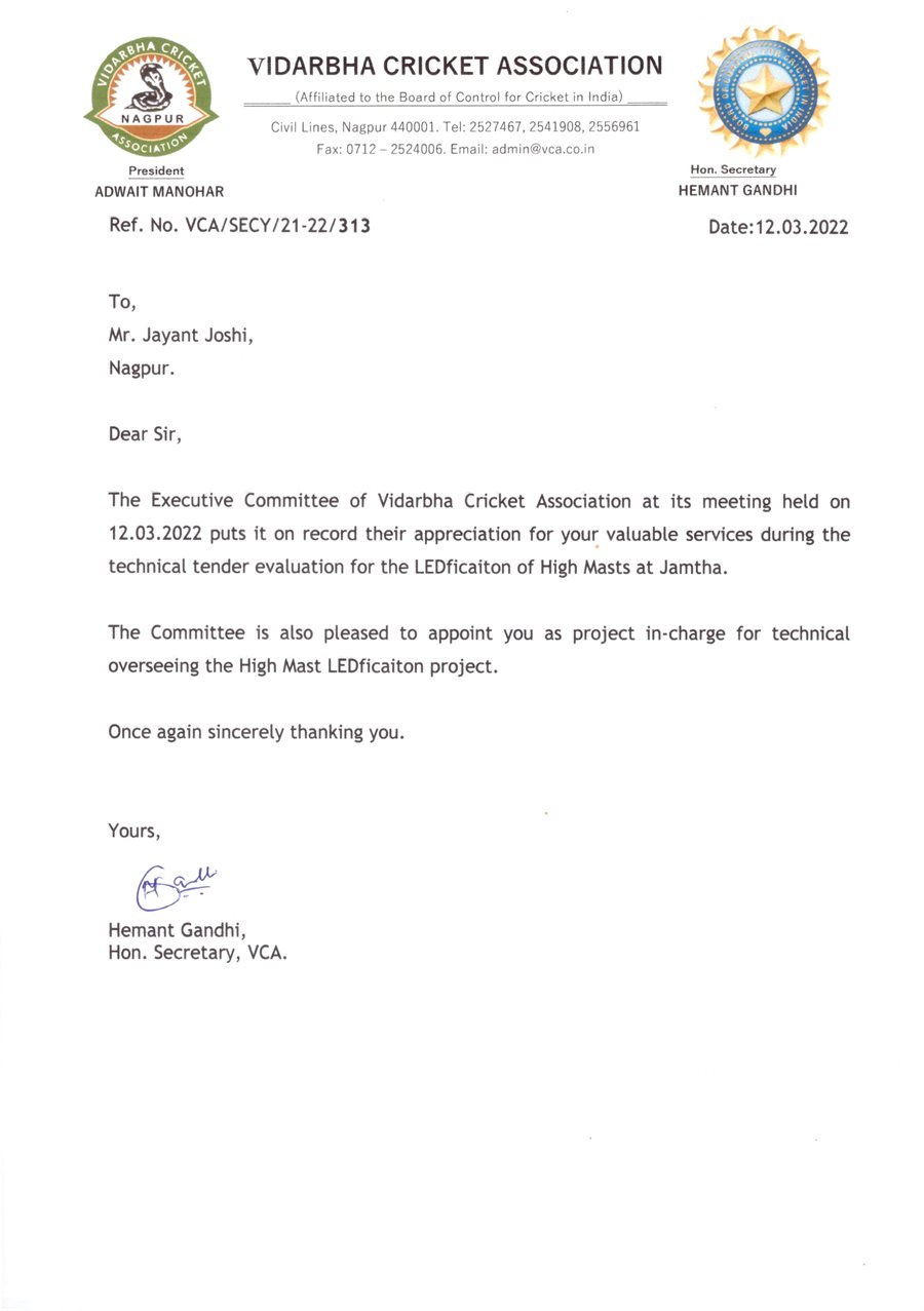 Letter from Vidarbha Cricket Association placing on record their appreciation of Jayant Joshi's services for the technical tender evaluation and overseeing of the High Mast LED-fication at Jamtha Stadium