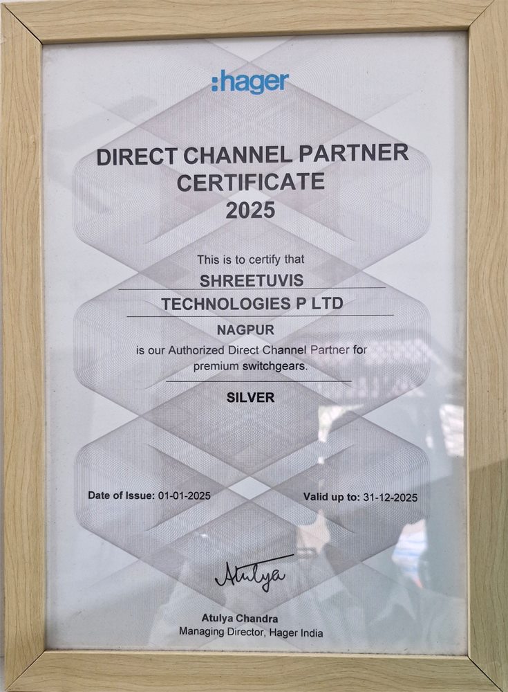 Hager Authorised Channel Partner certificate issued to Shreetuvis Technologies Private Limited
