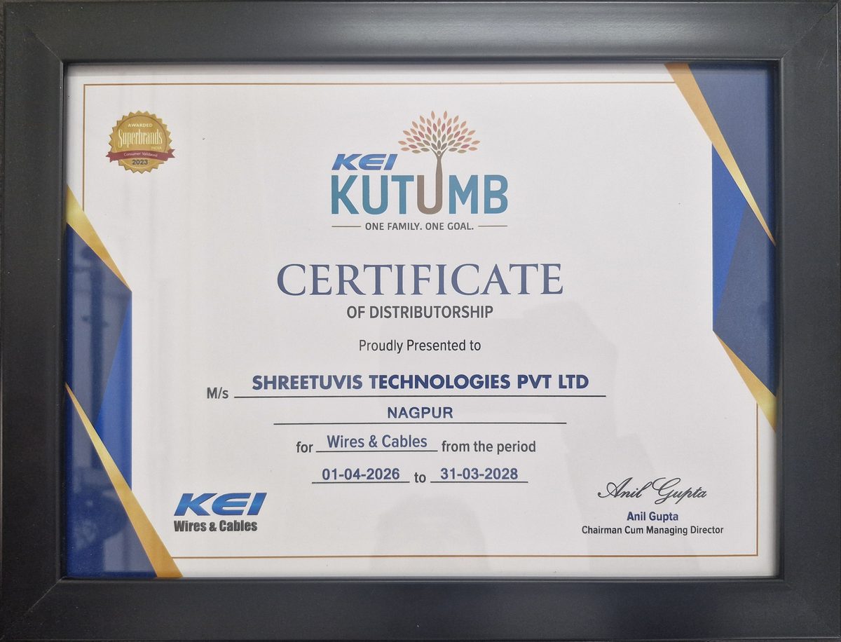 KEI Industries Certificate of Distributorship issued to Shreetuvis Technologies Private Limited for wires and cables