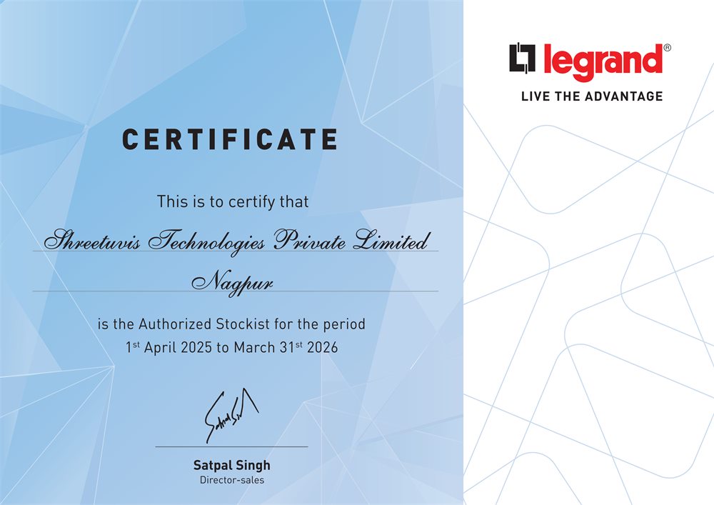 Legrand Authorised Stockist certificate issued to Shreetuvis Technologies Private Limited