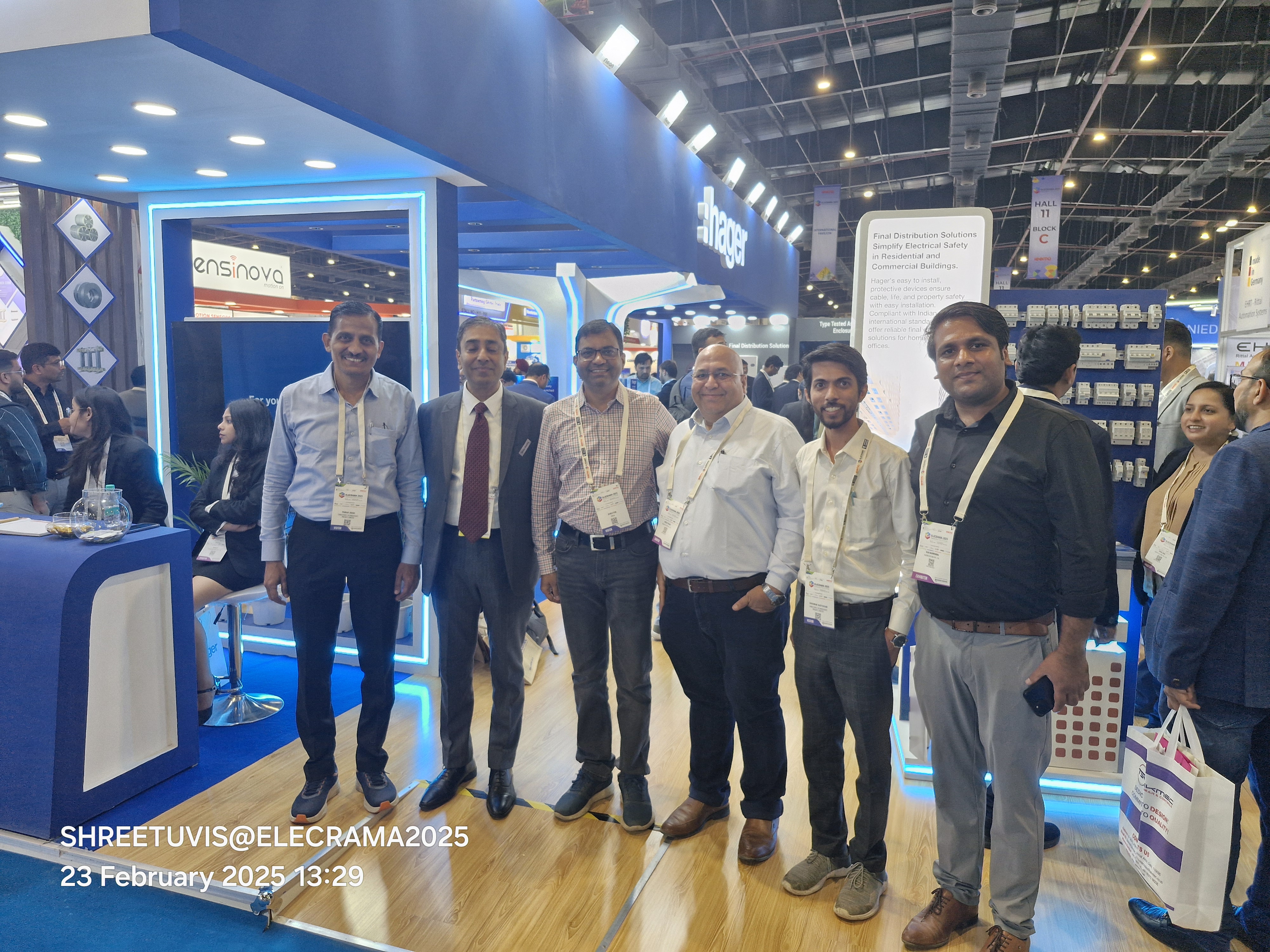 Shreetuvis team meeting the Hager India leadership team at the Hager stand during Elecrama 2025