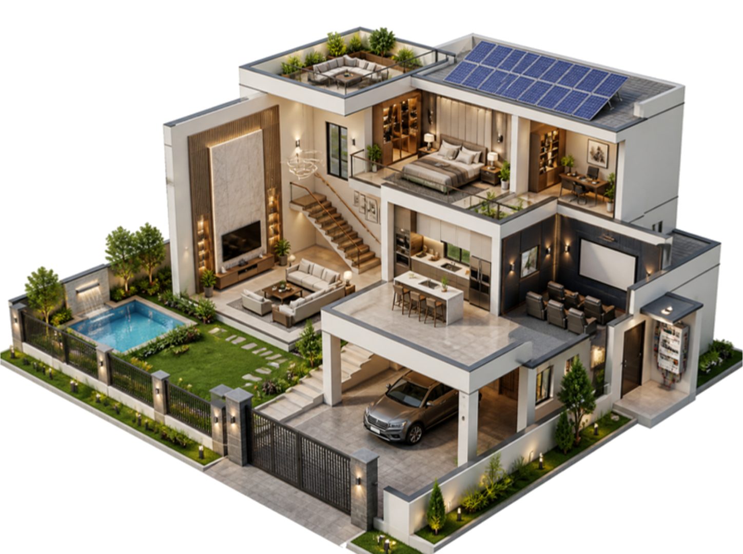 Cutaway illustration of a two-storey bungalow with a pool, garden, home theatre and utility room