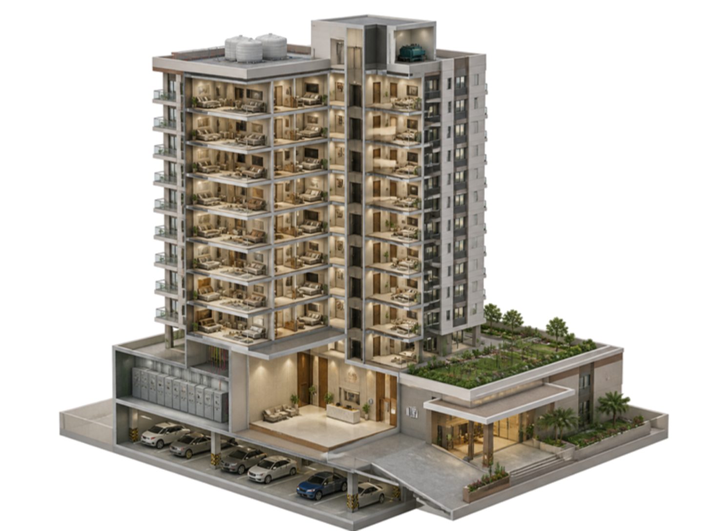 Cutaway illustration of a residential tower on a podium with flats, an entrance lobby, basement parking and an electrical room