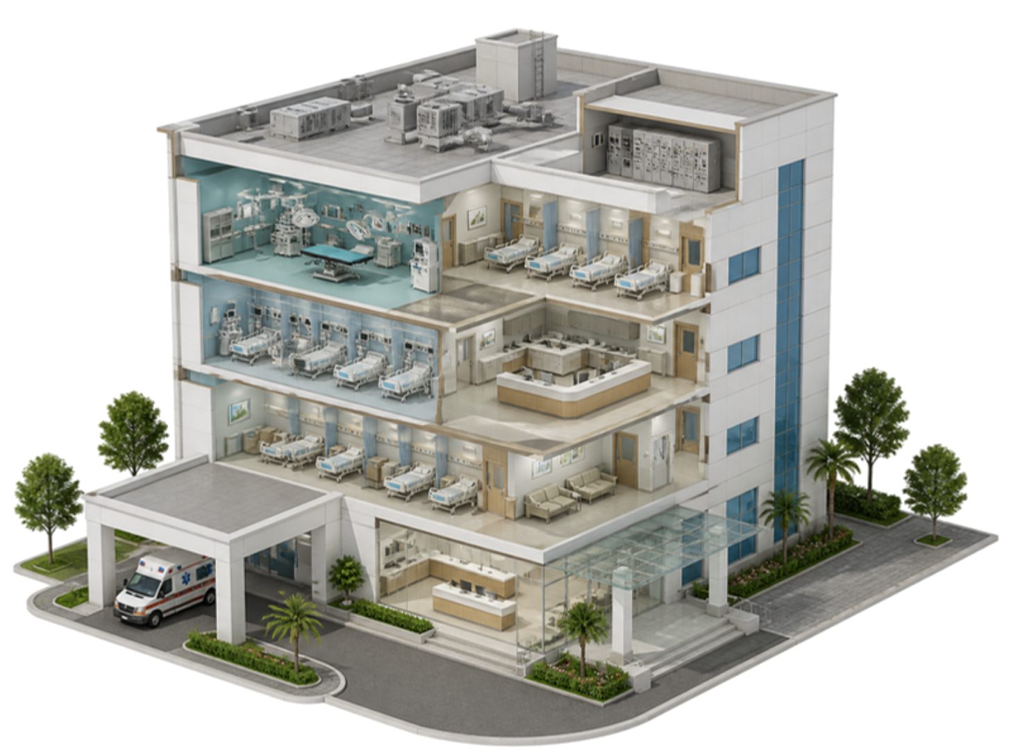 Cutaway illustration of a hospital with an operation theatre, ICU, wards, a nurse station and an emergency entrance