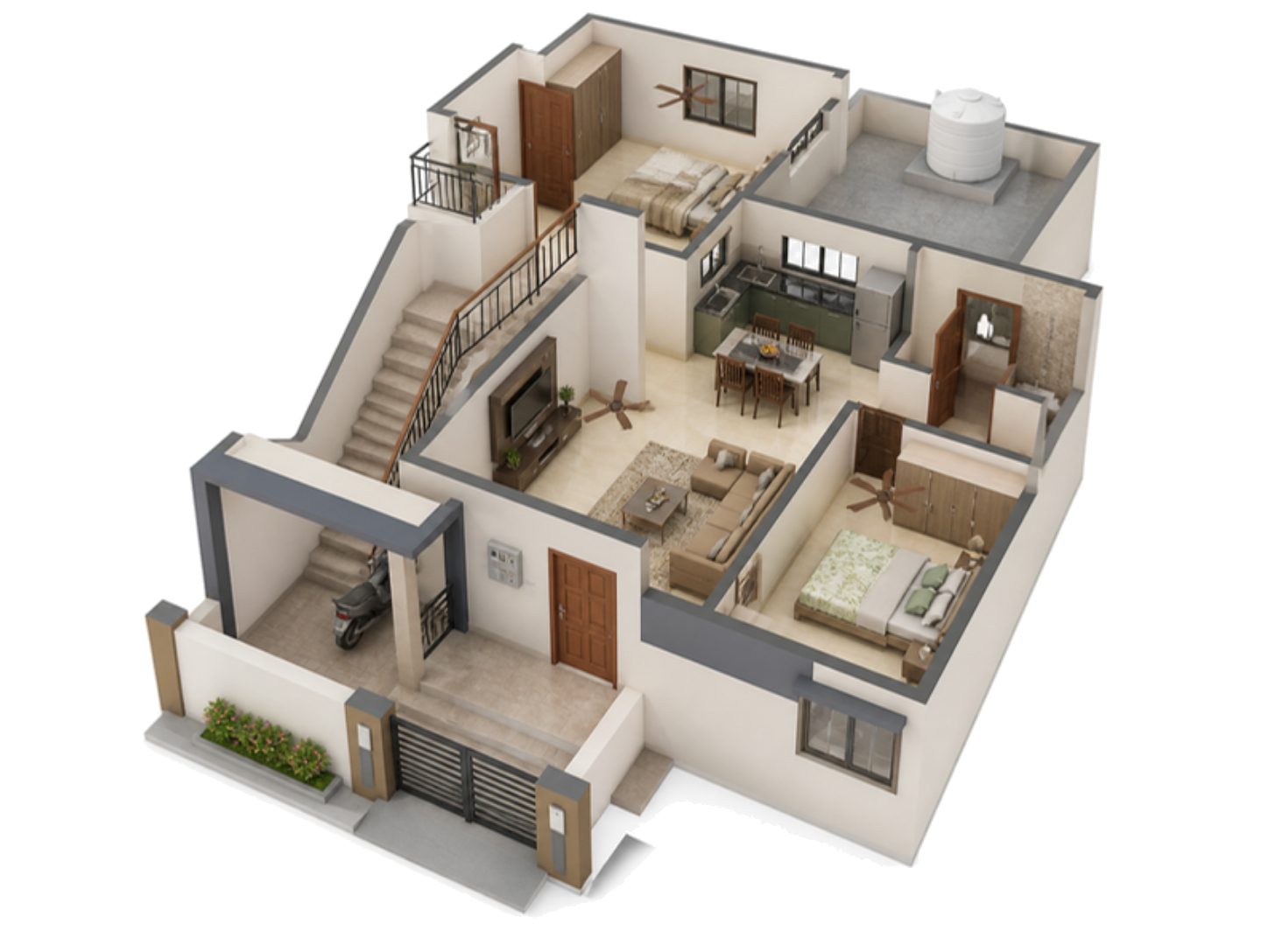 Cutaway illustration of a two-storey family house with a living room, kitchen, bedrooms and front porch