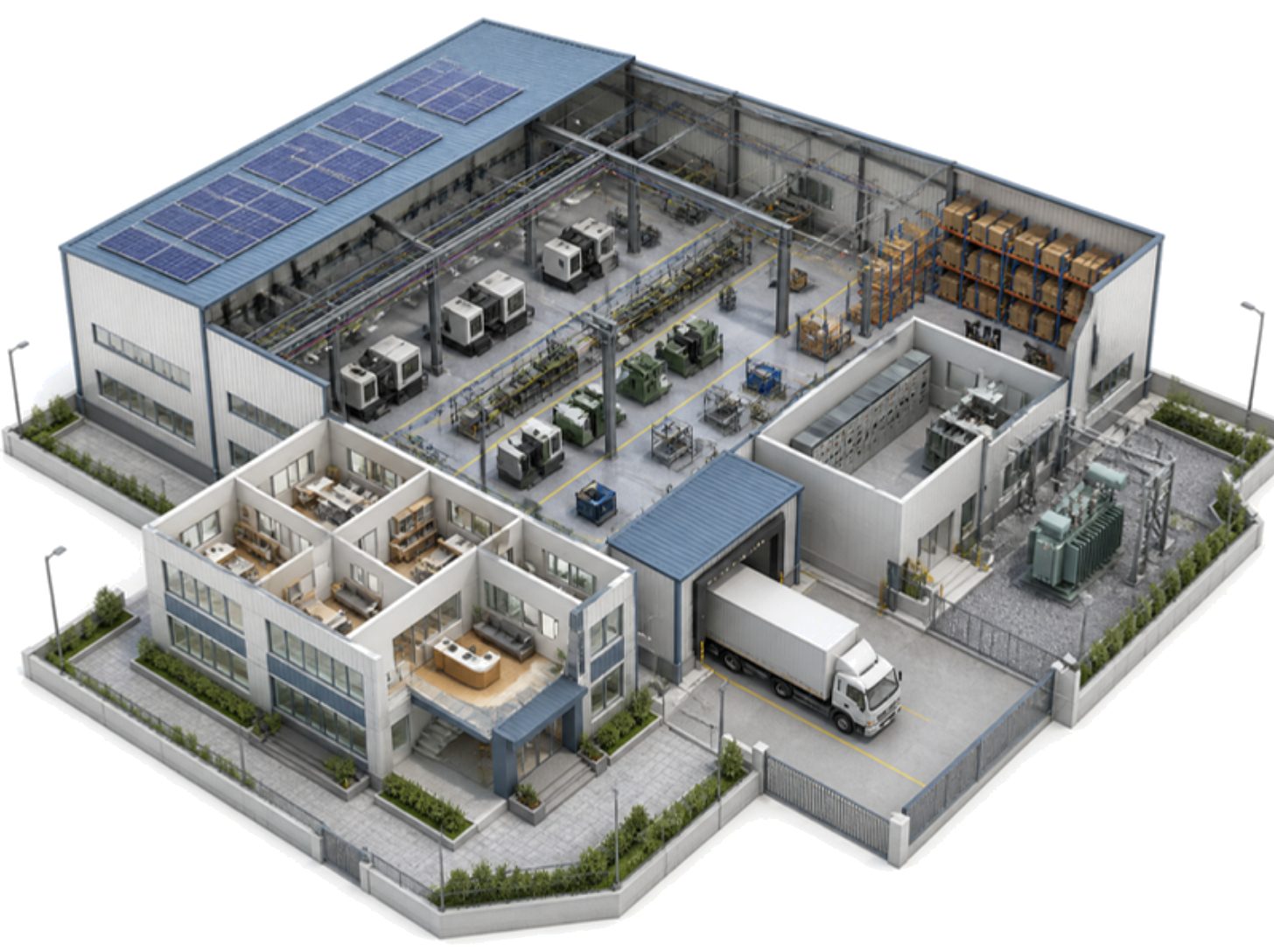 Cutaway illustration of a factory with a production floor, LT panel room, admin block and loading bay