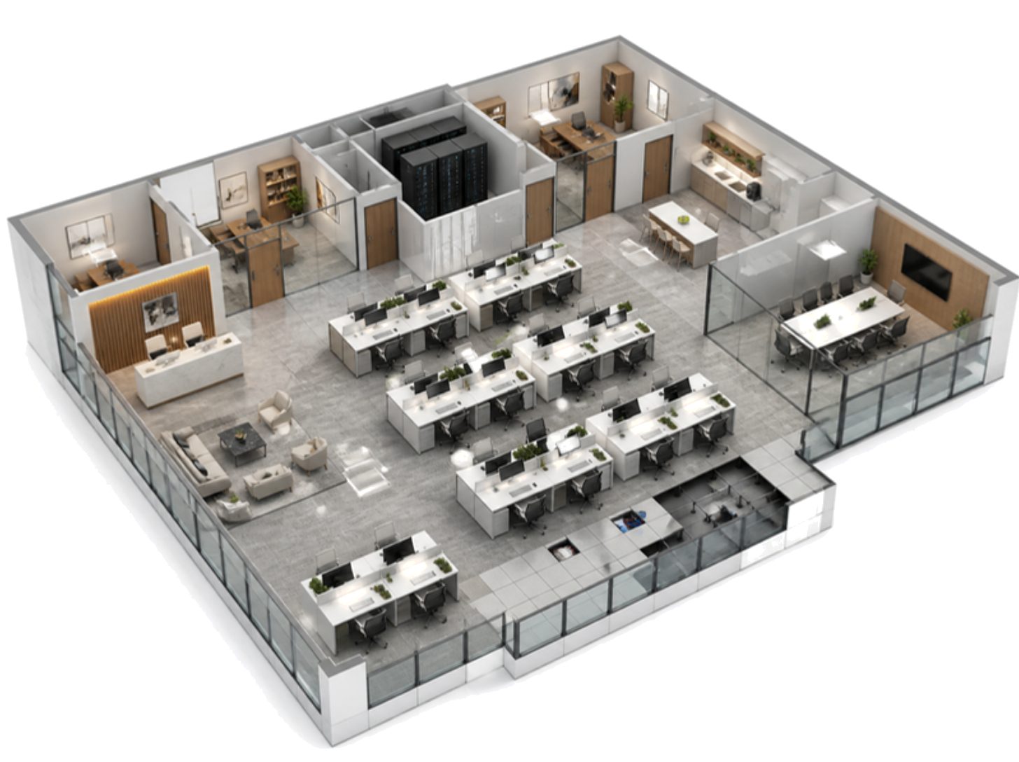 Cutaway illustration of an office floor with workstations, a conference room, cabins, a reception and a server room