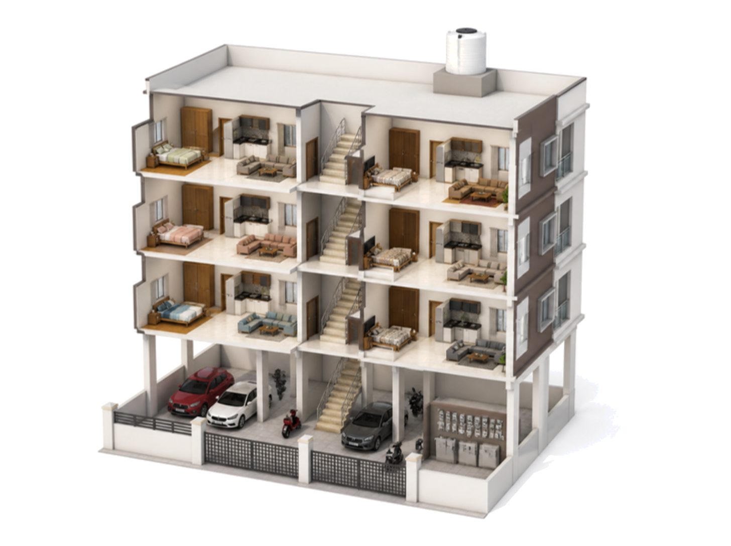 Cutaway illustration of a four-storey apartment building with stilt parking and a meter room
