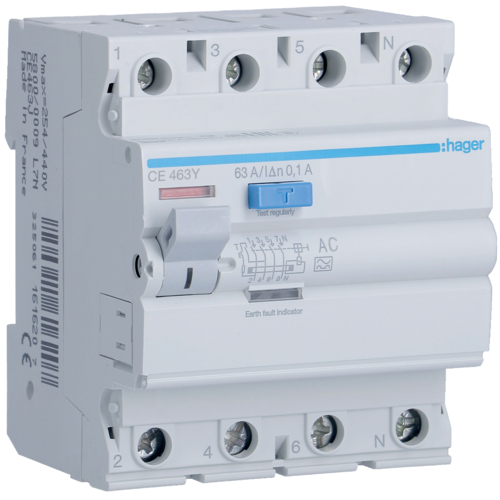 Hager CE463Y — RCCB 4P 63A 100mA AC